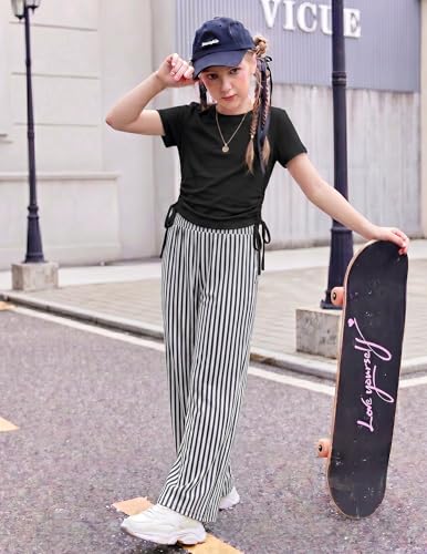 Image of Arshiner Girls 2 Piece Outfit Ruched Drawstring Tops and Wide Leg Pants Set