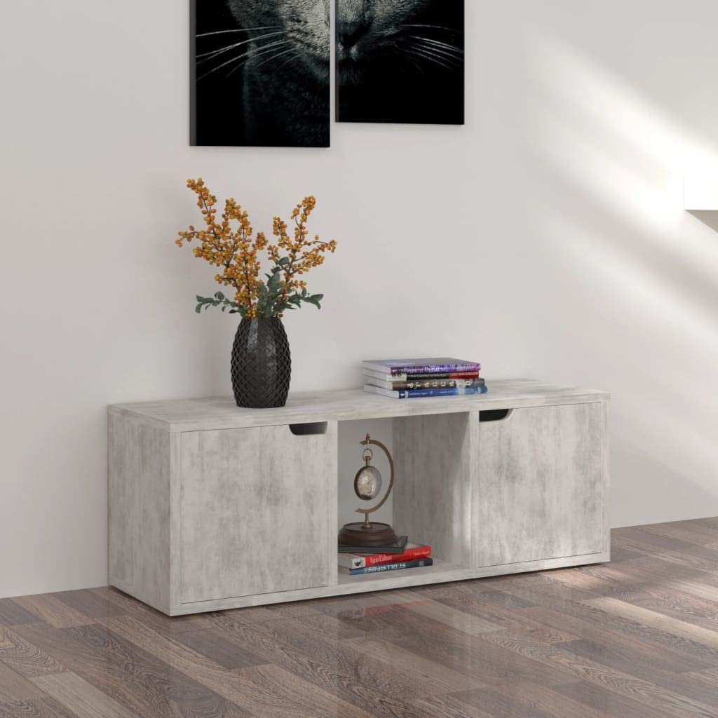 Meuble TV en bois gris béton de 88,5 cm avec rangement fermé et niche ouverte