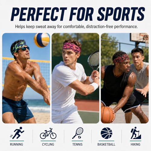 Image of 9 pcs Sweatbands for Men Workout Sport Headbands for Men Camo Headband Sweat Absorbing Headband Wide Sweatband for Head Basketball Football Cycling Running Yoga, 4.7 x 9.8 Inch