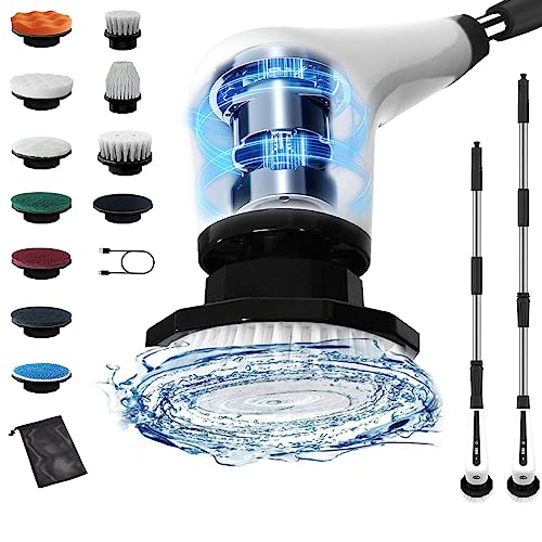 Cordless Electric Spin Scrubber Shower Scrubber for Cleaning 10 Replaceable Brush Heads Adjustable Electric Cleaning Brush with Long Handle Cleaning Tubs Floor Bathroom