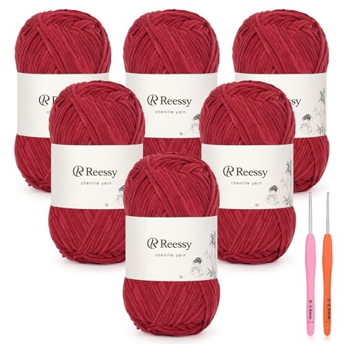 Image of Skinny Chenille Yarn for Crocheting - 6 Pack of 50g /158yd (948yd Total) - Soft Matte Thin Chenille CYC #2 - Fine Weight Baby Yarn for Plush Toys, Baby Blankets & Small Crafts(Burgundy)