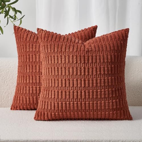 Topfinel Burnt Orange Cushion Covers 45cm x 45cm Corduroy Decorative Fluffy Pillows Cases Cushions Cover 18x18 inches with Invisible Zipper for Sofa Bed Livingroom Bedroom Pack of 2