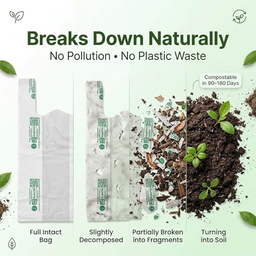 Image of ECOZ Compostable & Biodegradable Carry Bags | Eco-Friendly Plastic-Free Shopping Bag for Grocery, Food, Retail & Vegetables | 10x12 Inch | Pack of 50 | Load 2kg Capacity | for Supermarket