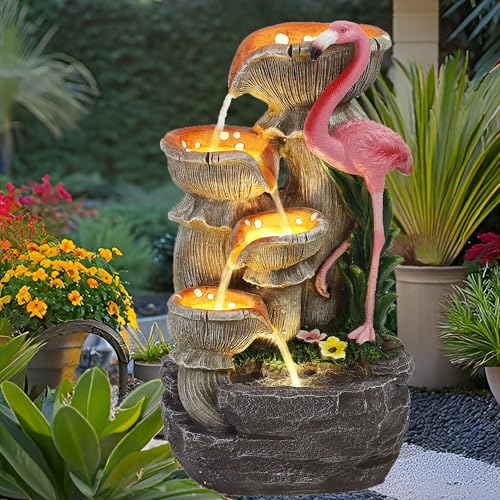 USSerenaY 5 Tier Outdoor Indoor Water Feature Fountain, Flamingo Ornamental Cascading Waterfall with 5 LED Lights for Garden, Deck, Backyard, Patio