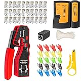 MAYLINE RJ45 Kit de herramientas de crimpado para cables de red CAT5 CAT6 RJ45 para pasar conectores de paso RJ11 TJ12 pelacables alicates de corte de alambre 50 Conectores (Rojo)