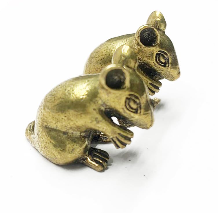 Robin Export Company Antique Brass Pair Mouse Charms Brass Mouse Figurine Feng Shui Statue Mini Lucky Rat Charm Chinese Zodiac Charms for Keychain Home Feastival Decorations 30 MM Set of 2 Pcs