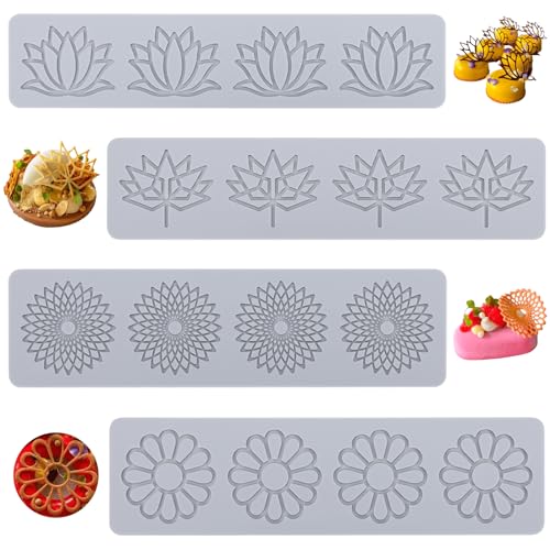 Image of Silicone Tuile Mould, 4pcs Leaf & Flower Shapes, Gray, Food Grade, Easy Clean, Durable, Multi-functional Baking Molds