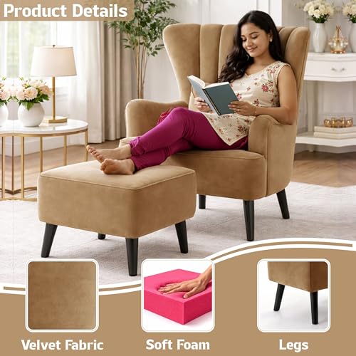 Image of Modern Velvet Wingback Accent Chair with Ottoman & Cushion for Living Room | Premium Upholstered Lounge Chair with Footrest |Golden