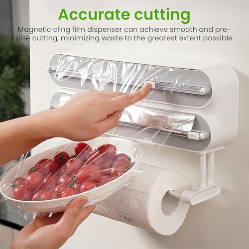 Image of DOCAT Foil Paper Cutter and Holder, 3 in 1 Magnetic Aluminum Foil and Plastic Wrap Organizer with Paper Towel Holder, Compatible with Cling Film, Tin Foil and Wax Paper Dispenser (White)