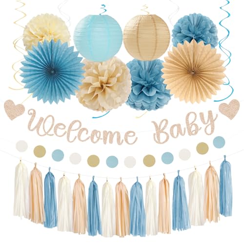 Image of Light-Dusty Blue Beige-Champagne Baby-Shower Party-Decorations - 31pcs Welcome Home Banner Sign,Boy Paper Lanterns,Neutral Streamers Garland,Boho Tissue Pom Poms Flowers Fans Backdrop Decor Burgleda