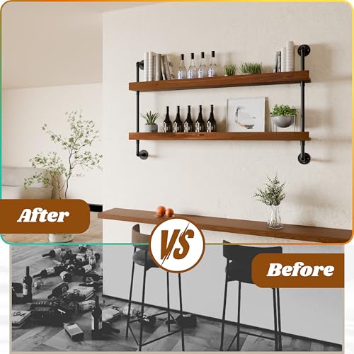 Industrial Wine Rack Wall Mounted, Solid Wood Shelf with Metal Pipe Brackets, 2-Tier Rustic Hanging Organizer for Wine Bottle Storage in Kitchen, Bar, Pub, Cellar(Walnut Brown, 48 Inch)