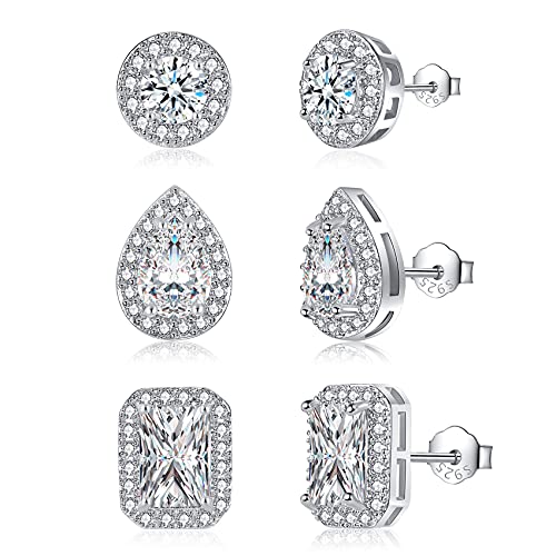 CERSLIMO 3 Pairs Silver Stud Earrings for Women Girls, Round Faux Diamond Halo Earrings | Rectangle Teardrop Cubic Zirconia Stud Earrings - Dainty Bridal Earring Jewelry for Brides Bridesmaids Wedding