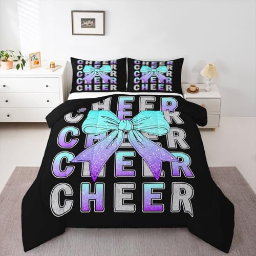 Image of Feelyou Cheer Bedding Set Soft for Boys Girls, Blue Purple Bowknot Comforter Set Toddler Size Sport Cheerleader Duvet Quilt Microfiber Cheerleading Bedroom Decor 2 Pcs with 1 Pillow Cases