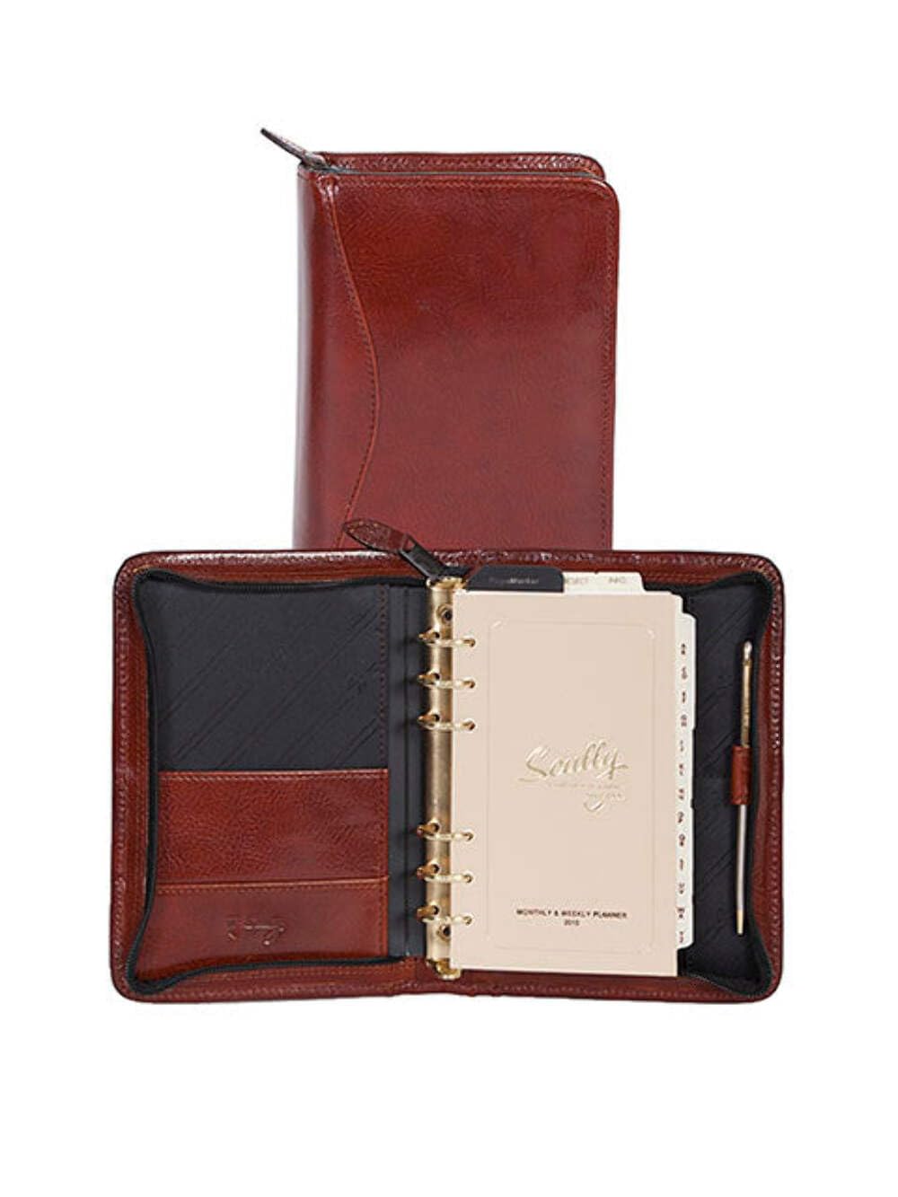 Scully Agenda settimanale in pelle italiana con 6 anelli e cerniera, colore: mogano