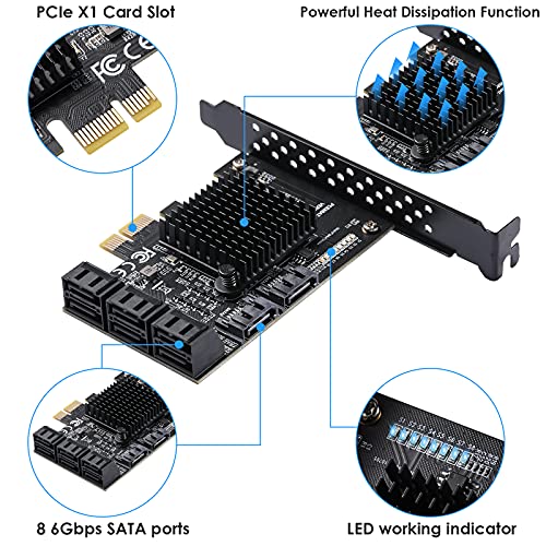 BEYIMEI PCIe SATA Controller Expansion Card - 8 Ports with 8 SATA Cables, Power Splitter Cable and Low Profile Bracket - PCI-E X1 3.0 Gen3 (6Gbps) Controller Card (ASM1064+JMB575)