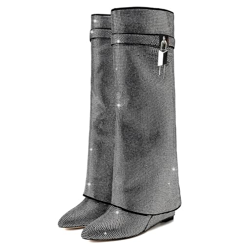 Fold Over Knee High Boots for Women - Pull-on Pointed Toe Wedge Heel With Sparkly Rhinestone and Padlock - Wide Calf Tall Fashion Boots for Party4