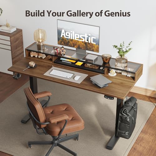 Image of Agilestic Glass Standing Desk with Storage, 48 Inch Electric Adjustable Desk with Glass Shelf and Cable Management, Sit Stand Up Home Office Computer Table, Splice Board, Dark Walnut