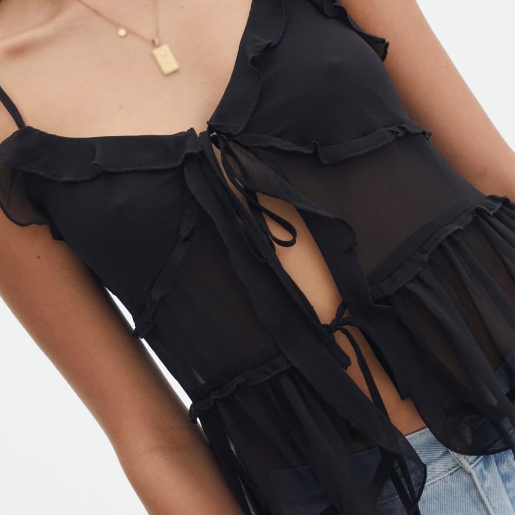 Generisch Top de verano con volantes y malla sin mangas para atar, Y2K camisola sexy de malla transparente con dobladillo con volantes
