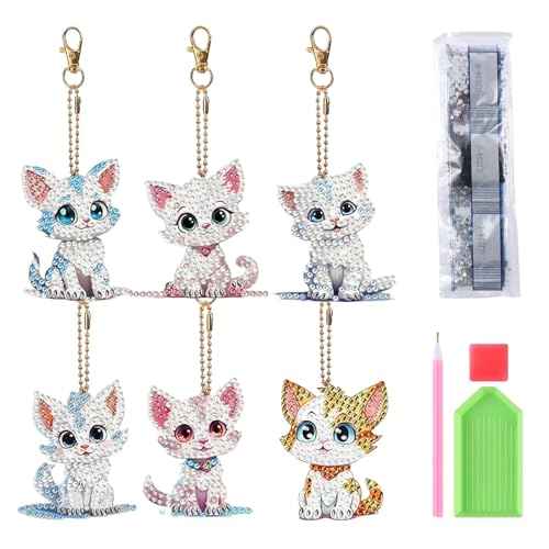 XIAOGUA 6 Pièces DIY Diamond Painting Porte Clé Double Face Colle Diamond Painting Enfant Porte Cle Chat Peinture Diamant Enfant 7x6cm Kits de Loisirs...