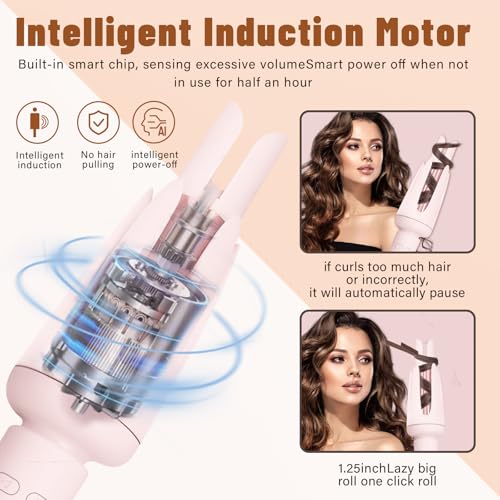 Automatic Hair Curler for Long Hair - Pink Curling Wand with 3 Temperatures, Auto Shut-Off, Anti-Scald & Anti-Tangle Features
