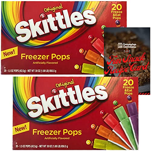 Skittles Freezer Pops 40 Count Assorted Variety Pack - 2 Boxes of 20 Pops Each - Cornershop Confections Fun Homemade Snack Recipe Card Included! (Skittles 40 Count Variety Pack)