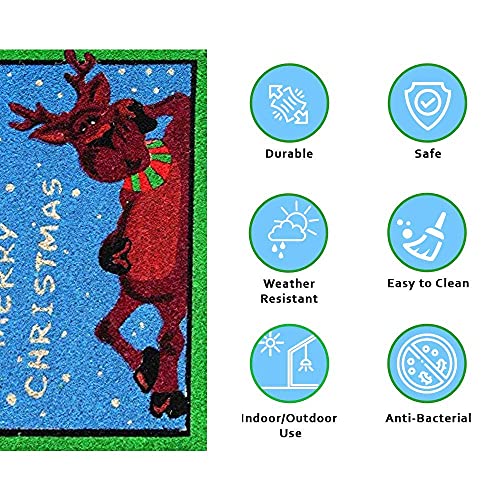 Image of Onlymat Christmas Coir Doormat with Non-Slip PVC Backing for Gateway, Entryway, Outdoor, Indoor, Patio - Durable and Large, Weatherproof Multicolour, Xmas, Reindeer Printed Rug (60cm x 1.5cm x 40 cm)