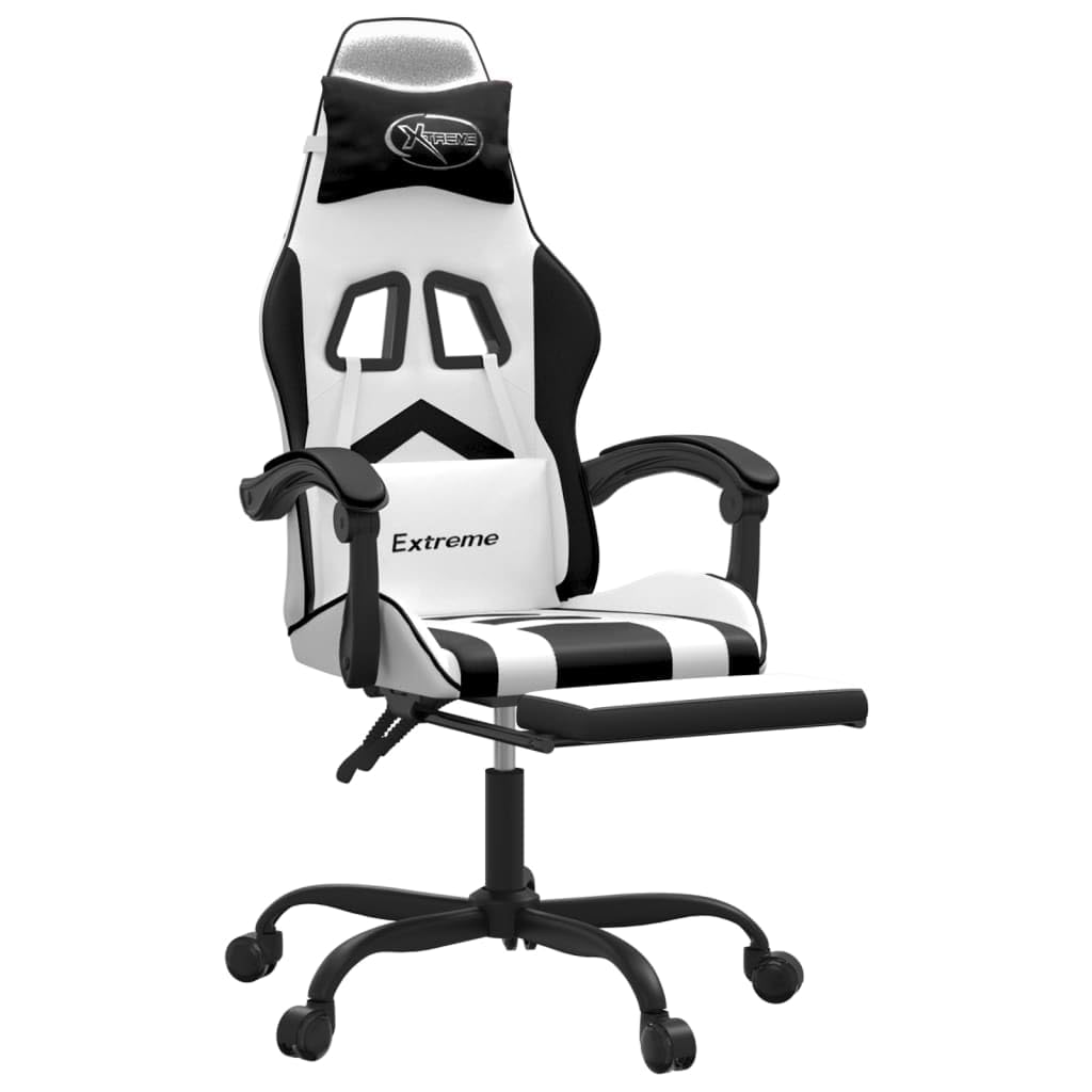 Gaming-Stuhl mit Fußstütze ergonomisch, Kunstleder Schreibtischstuhl höhenverstellbar mit Massagepunkt, Schwarz & Weiß