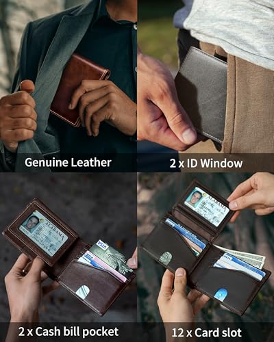 Image of Artpaxy Mens Wallet Bifold Genuine Leather RFID Blocking Wallet for Men with 2 ID Windows 12 Card Holders 2 cash pockets 1 Gift Box
