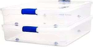 Homz Multipurpose 60 Qt Underbed Secure Latching Clear Plastic Storage Container with Snap-On Lid and Wheels for Home & Office Organization, (2 Pack)