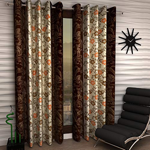 Image of Home Sizzler 2 Piece Flower Border Eyelet Polyester Door Curtains - 7 Feet, Brown