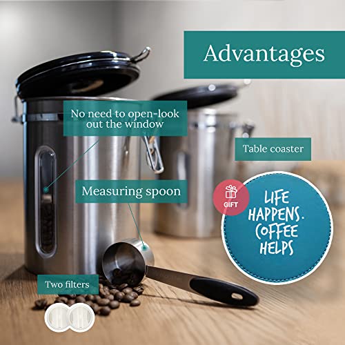 Alpaca Ventures Stainless Steel Coffee Canister - Airtight Kitchen Food Storage Container With Date Tracker, Co2-Release Valve And Measuring Scoop For Ground Coffee, Beans, Tea, Sugar, Large (Silver) #TOP2