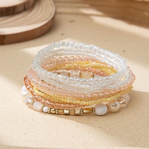 Image of Caiyao Handmade Multicolor Bohemian Crystal Beaded Bracelets Set Multilayer Stackable Boho Charms Stretch Layered Bead Adjustable Bangles Strand Jewelry for Women