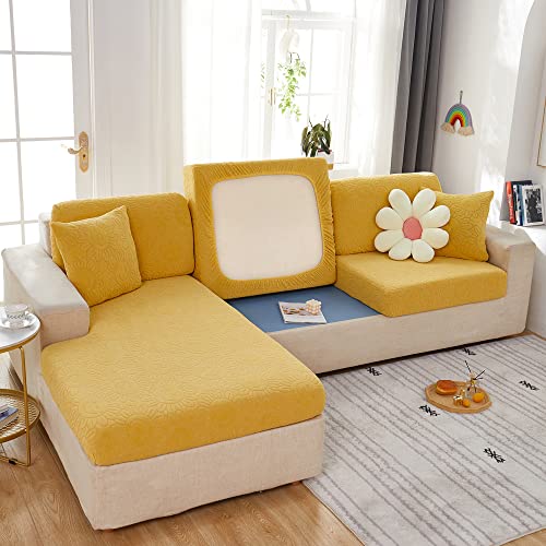 Couvre canapé extensible jaune pour rénover un dossier de canapé usé en velours - 3