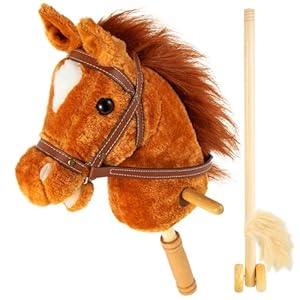 Stick Hobby Horse Riding Toy, Plush Stick Horse for Toddlers Ages 3+, Horses Ride on Toy Fun Pretend Play with Wooden Wheels and Real Pony Clip-Clop Sounds 39 Inches-Light Brown