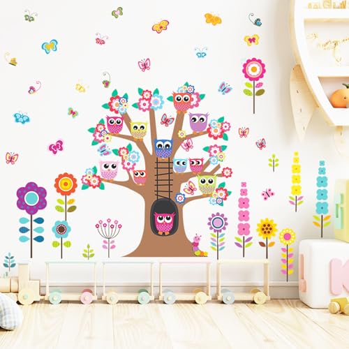 Pegatinas de pared con diseño de búho, diseño de árbol, flores, decoración de pared para guardería, habitación de niños, dormitorio, aula, guardería