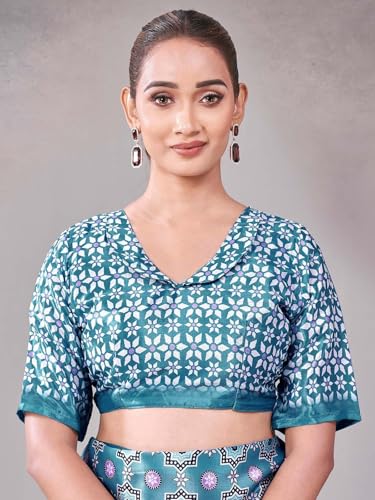 Image of Satrani Women's Chinnon Printed Saree with Unstitched Blouse Piece