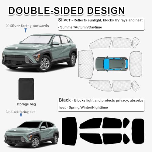 Image of KMF 8pcs Thicken Sun Shade for Hyundai Kona 2024 2025 2026 Accessories,Full Car Window Covers Sunshade for Windshield Side Rear, Sun Visor UV Block and Blackout Privacy for Camping Outdoor