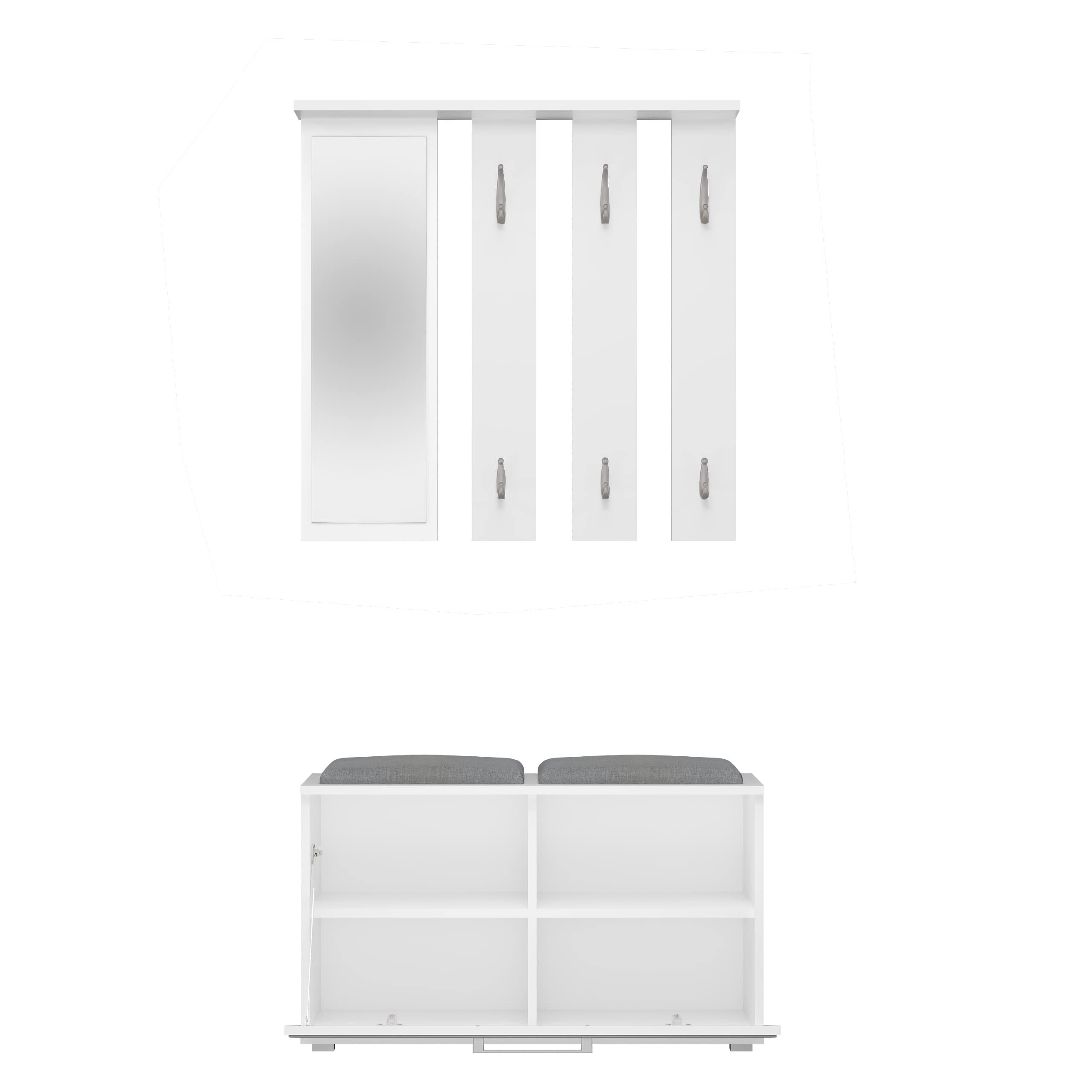 CDF Garderoben Set Wandgarderobe Mit Spiegel Schuhschrank Sitzbank 6 Haken 4 Fächer Für Schmale Flur Diele Weiß 85 x 35 x 180 cm Komplettset mit Spiegel und Sitzbank