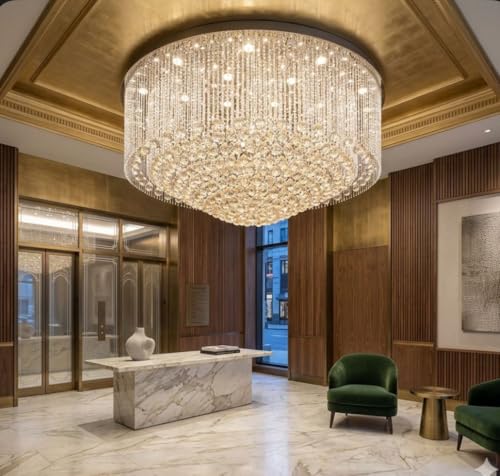 Image of Sanleen 32x32 Inch Crystal Chandelier Ceiling Light | Round Flush Mount Gold Finish | Modern Luxury K9 Crystal Ceiling Lamp for Dining Room, Living Room, Hall | 12 Inch Height Elegant Jhumar