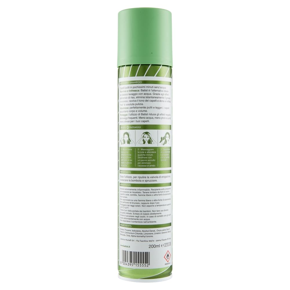 Batist Dry Shampoo Classico - Champú seco para limpiar el cabello en pocos minutos sin agua, 200 ml + llavero Beni Culinari gratuito (12 unidades)