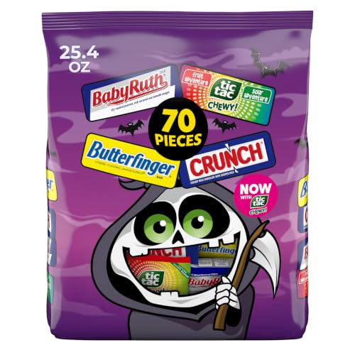 Butterfinger, CRUNCH, Baby Ruth, TIC TAC CHEWY! Halloween Candy Bars Bulk | Halloween candy bulk individually wrapped, fun size candy variety pack chocolate-y and fruity, with 70 pieces for goodie bags - image 1