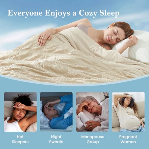 Cozy Bliss Cooling Comforter Seersucker Plaid Queen, Q-Max 0.4 Reversible Lightweight Cooling Blanket, Breathable Silk Smooth Summer Bedding Quilt for Hot Sleepers Night Sweats Khaki