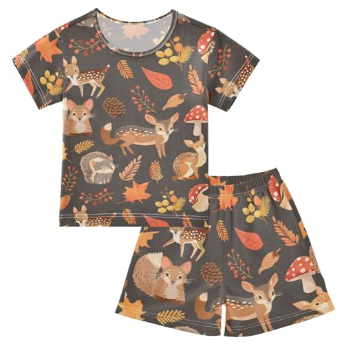 ALAZA Deer Fox Hedgehog Squirrel Mushroom Pajamas Short Sleeve 2 Piece Sleepwear Top and Bottom Pajama Set Unisex