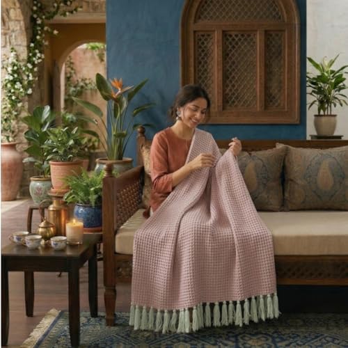 Image of SAJAVAT HOME Hand Crafted Cotton Sofa Throw Blanket | Baby Pink & Beige All-Season Throw for Sofa, Couch & Bed | Soft Lightweight Knitted Design with Tassels | 80x52 Inches (204x132 cm)