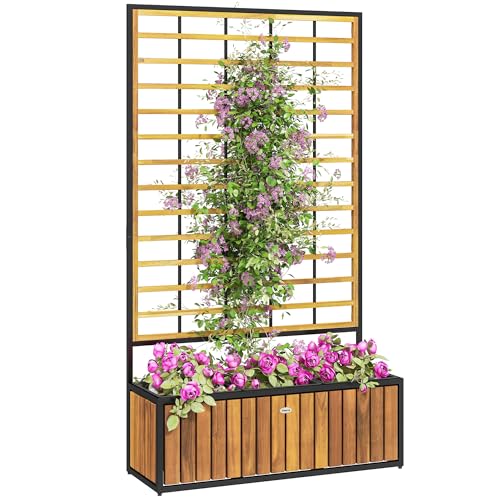 Outsunny Jardinière avec Treillis, lit surélevé de Jardin, jardinière extérieure avec Trous de Drainage, bac à Fleurs en Bois d'acacia et Acier pour...