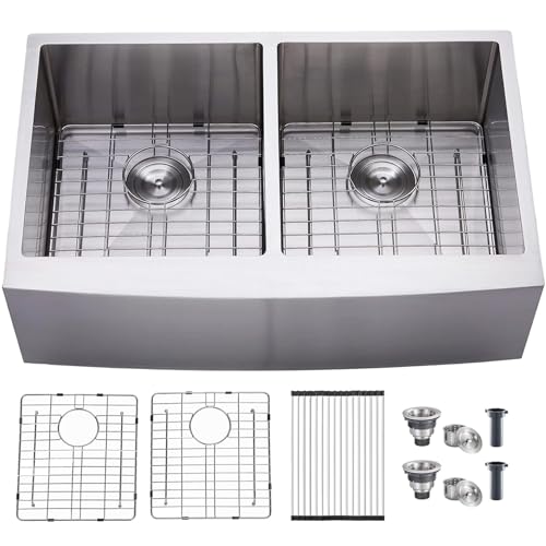SHACO 33 Inch Double Bowl Divided 50/50 Farmhouse Sink, 33x21 Stainless Steel Undermount Apron Front Farm Kitchen Sink