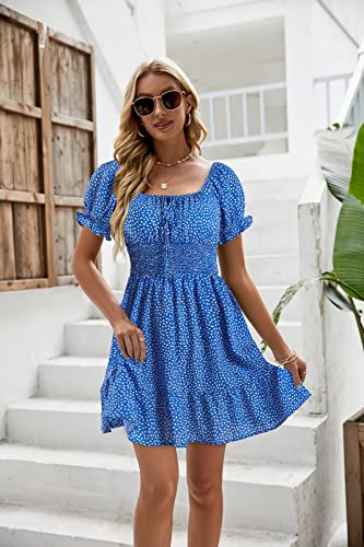 Image of Womens Babydoll Mini Dress Casual Square Neck Short Sleeve Summer Dresses | Empire Waist, Smocked, Flowy, Short Beach Dress, Vacation, Floral, Boho