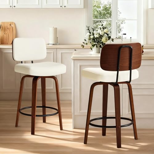 Image of Counter Height Bar Stools Set of 2, 26+inch Swivel Faux Leather Barstool with Back, Upholstered Mid-Century Modern Bar Chairs with Bent Wood Legs for Kitchen Counter, Dining Room, Cream White