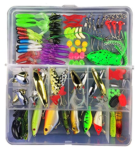 JasCherry Kit di Esche da Pesca Cucchiaini da Pesca Artificiali Pesca con una scatola di attrezzatur- Esche da Spinning Accessori con Vermi, Esche Dure, Ganci Singolo, Insetti