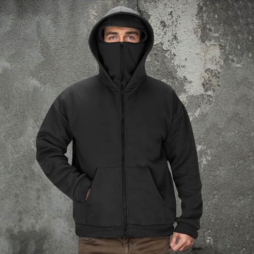 Streetwear Fleece Hoodies for Men with Mask,Thermal Winter Double Hat Hooded Sweatshirt Outdoor Sports Jacket Outwear2